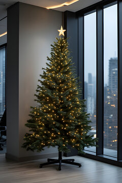 ia generated.  Small Christmas tree with LED lights placed in a sleek corporate office corner, business 