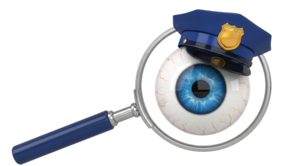 Blue Eyeball Wearing Police Hat Viewed Through Magnifying Glass Isolated 3D Illustration