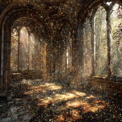 Ruined hall, glittering dust, sunlit windows