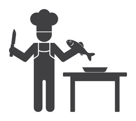 chef with fish and knife in hand icon