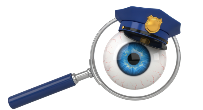Blue Eyeball Wearing Police Hat Viewed Through Magnifying Glass Isolated 3D Illustration