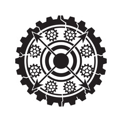 Futuristic Mechanical Symbol with Gears and Arrows, Abstract Steampunk Tech Icon or Compass Rose Vector
