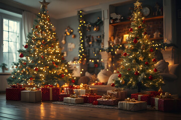 ia generated. Wide shot of a cozy living room with a tall Christmas tree decorated with golden and red ornaments, wrapped gifts neatly arranged under it, warm fairy lights glowing