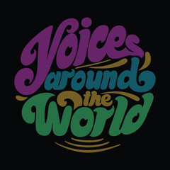 Voices around the world text in a colorful retro psychedelic font on a black background
