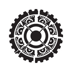 Futuristic Mechanical Symbol with Gears and Arrows, Abstract Steampunk Tech Icon or Compass Rose Vector
