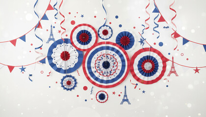 Bastille Day celebration with French flags and decorations 
