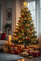 ia generated. Wide shot of a cozy living room with a tall Christmas tree decorated with golden and red ornaments, wrapped gifts neatly arranged under it, warm fairy lights glowing