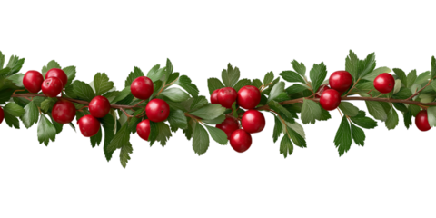 Red Berry and Green Leaf Branch Border decoration festive isolated on a transparent background