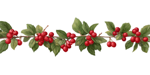 Festive Red Berry and Green Leaf Garland Border decoration isolated on a transparent background