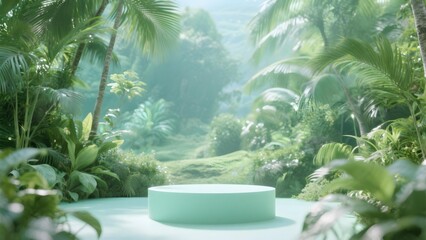 Fototapeta premium Mint Green Product Display Podium in a Lush Tropical Jungle Environment