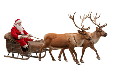 Santa Claus Sleigh Ride with Reindeer Christmas pulling isolated on a transparent background