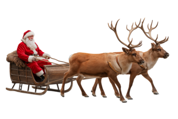 Santa Claus Sleigh Ride with Reindeer Christmas pulling isolated on a transparent background