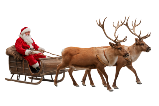 Santa Claus Sleigh Ride with Reindeer Christmas pulling isolated on a transparent background