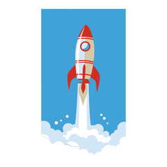 Red and White Rocket Launching into a Light Blue Sky with Fluffy White Clouds