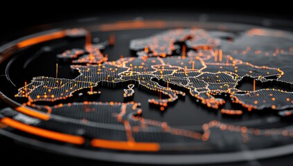 Europe map, digital interface, glowing points