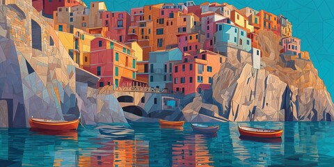 Una vibrante vista de un pueblo costero italiano con casas de colores y barcos rojos.