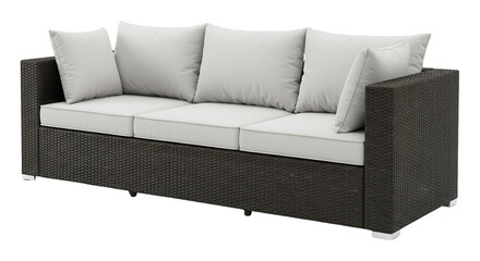 Dark wicker outdoor sofa with light cushions and pillows isolated PNG with Transparent Background