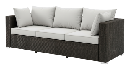 Dark wicker outdoor sofa with light cushions and pillows isolated PNG with Transparent Background
