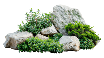 Landscaping springtime wildflower blooms with rock and grass isolate transparent backgrounds png.
