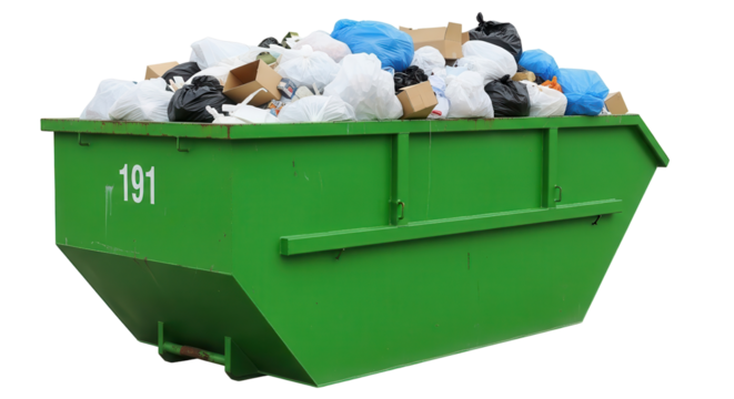 Full bright green metal industrial dumpster overflowing with trash isolated on white background