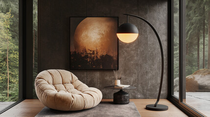 Modern living room with solid textured wall armchair and decorative floor lamp with copy space