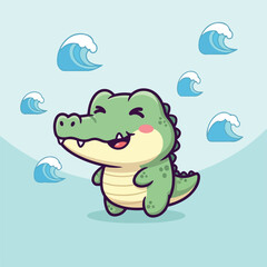 Naklejka premium Cute cartoon crocodile smiling happily among stylized waves in a light blue setting, creating a cheerful and playful atmosphere.
