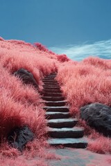 Pink-toned hill with stone steps leading upward