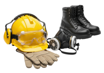 Personal Protective Equipment (PPE) set: Yellow Hard Hat, Safety Goggles, Respirator, Work Boots, and Gloves isolated on white.