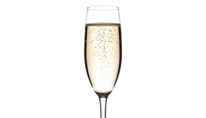 Champagne flute bubbling with effervescence against a white backdrop