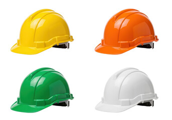 Four colorful hard hats for industrial safety isolated PNG with Transparent Background