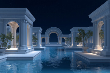 Obraz premium Architectural elegance: A serene outdoor pool, surrounded by white marble structures bathed in a soft evening glow