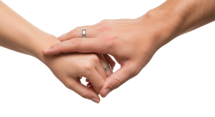 Close up of a man and woman holding hands wearing wedding rings isolated PNG with Transparent Background