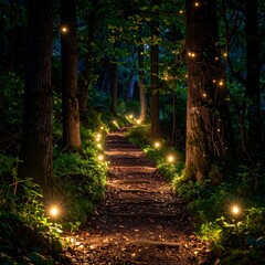 Night path through a luminous forest
