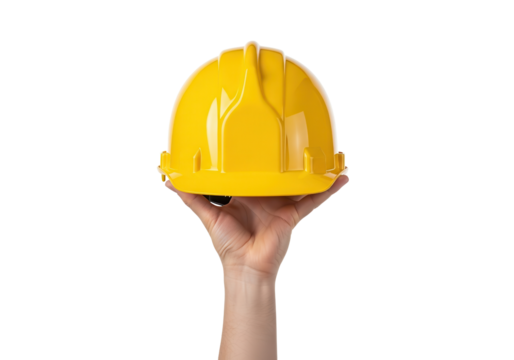 Construction worker holding a yellow hard hat isolated PNG with Transparent Background