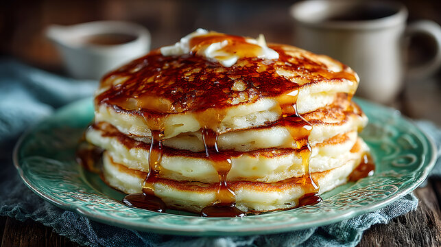 Stack of Golden Pancakes Drizzled with Syrup on a Liht Green Plate
