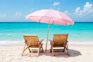 Fototapeta premium Two colorful striped beach chairs on white sand beach. Relaxing tropical vacation concept, peaceful summer getaway and tropical paradise