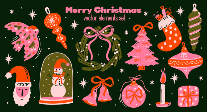 Merry Christmas vector sticker set. Collection of colorful groovy funky cartoon illustration with retro bauble, festive ornaments, tree, mistletoe, santa, gift, xmas holiday decor elements for design