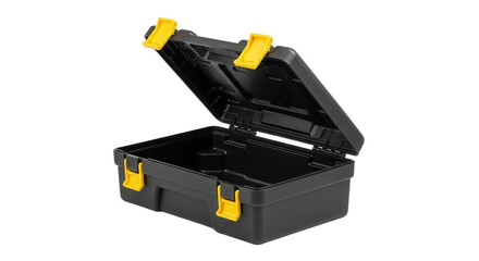 Fototapeta premium Open Empty Black Plastic Storage Case Mockup with Yellow Clasps Isolated on White Background