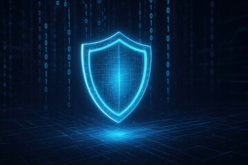 Futuristic 3D illustration of a glowing digital shield floating in cyberspace, surrounded by holographic binary code streams. Symbol of cybersecurity and data protection.