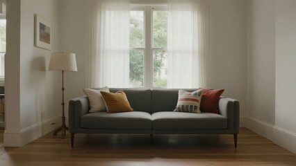 Fototapeta premium A simple and bright living room with a gray sofa and colorful throw pillows, and lush greenery outside the window, creating a comfortable home atmosphere.