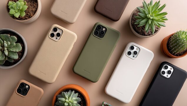 Flat Lay of Stylish Phone Cases in Beige, Brown, Green, White, and Black with Succulent Plants, Highlighting Textures, Patterns, and Modern Design