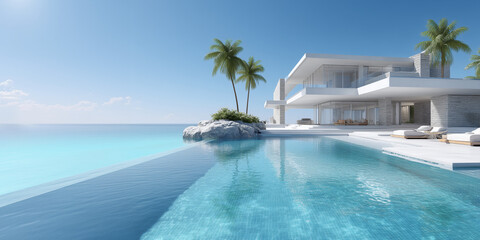 Fototapeta premium Luxurious modern house with an infinity pool overlooking a tranquil ocean. Palm trees swaying gently in the breeze enhance the serene tropical ambiance.