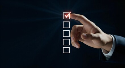 Professional hand selecting checklist box with red check mark against dark background, symbolizing choices and decision-making process
