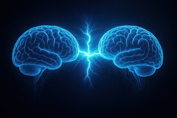 Obraz premium Brain Connection Visualization: A striking depiction of two interconnected human brains, radiating with electric blue energy, symbolizing intelligence, thought, and the power of mental processes.