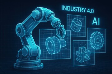 Industry 4.0 with Robot Arm: Futuristic digital illustration of an automated robot arm operating in an industrial setting, symbolizing Industry 4.0 and artificial intelligence.