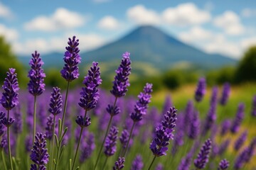 Obraz premium Lavender Field: A serene landscape is alive with the enchanting purple blooms of a lavender field under a sunny sky, with a majestic mountain providing a dramatic backdrop. 