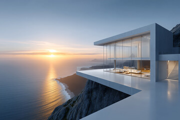 Modern architectural home perched on a cliffside, overlooking the ocean at sunset. The sleek design of the home is minimalist, with expansive glass windows