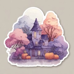 A sticker of purple haunted house surrounded by trees and pumpkins, in a cartoon style
