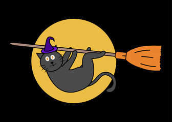 Witch black cat on broom flying over full moon. Funny character cartoon halloween. Vector illustration.