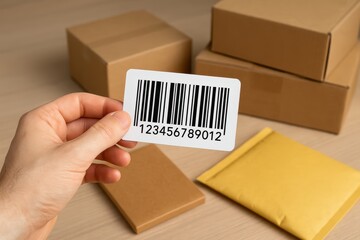Barcode Delivery in Parcel Boxes: A close-up shot features a hand holding a barcode in front of a stack of parcel boxes, representing efficient delivery and modern logistics
